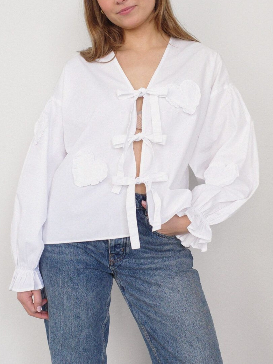 Buy white Tied Flounce Sleeve Blouse