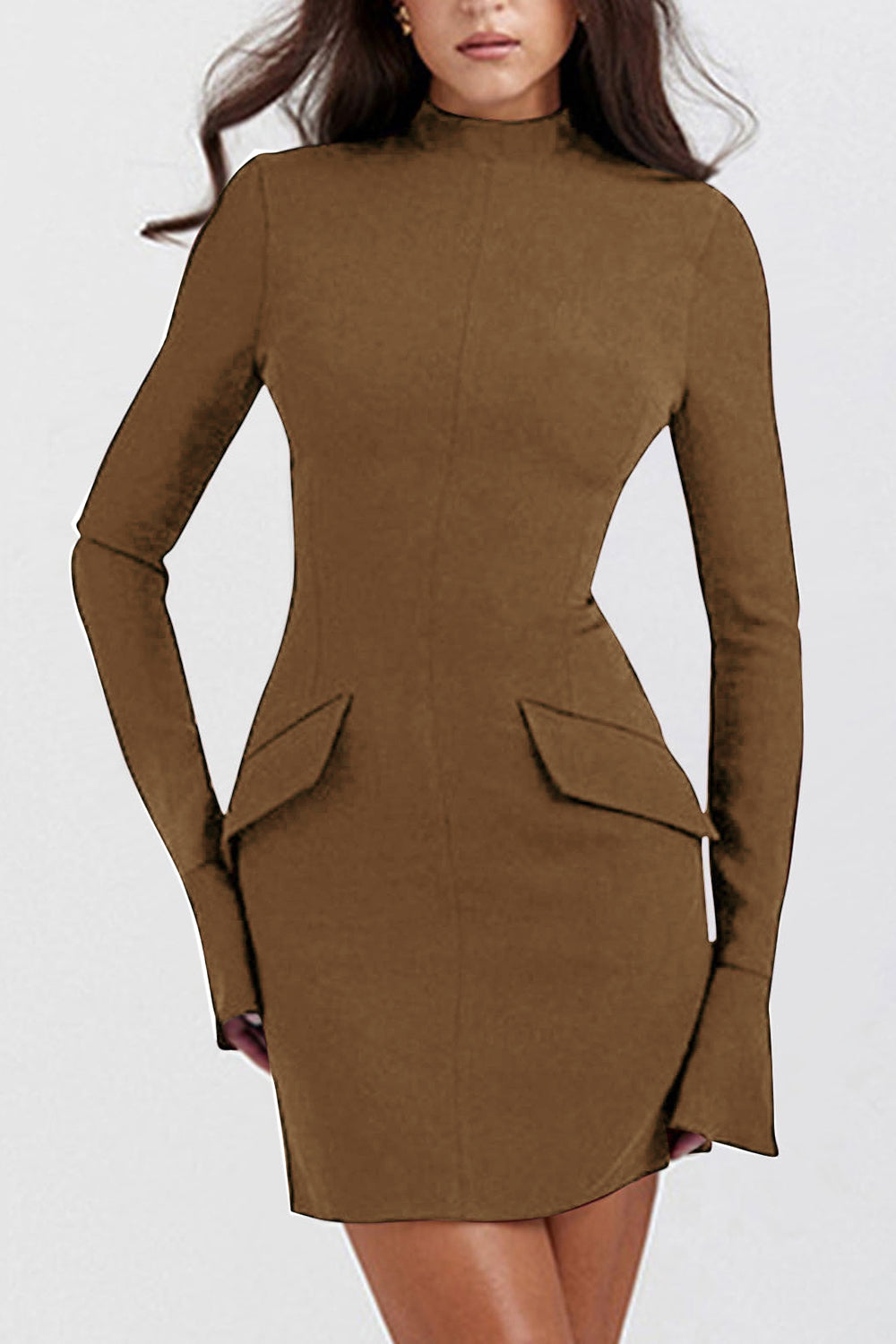 Buy taupe Mock Neck Long Sleeve Mini Dress