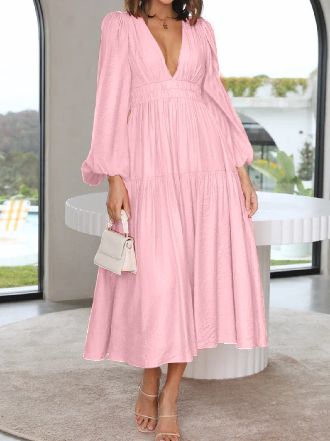 Buy blush-pink Deep V-Neck Balloon Sleeve Plain Maxi Dress