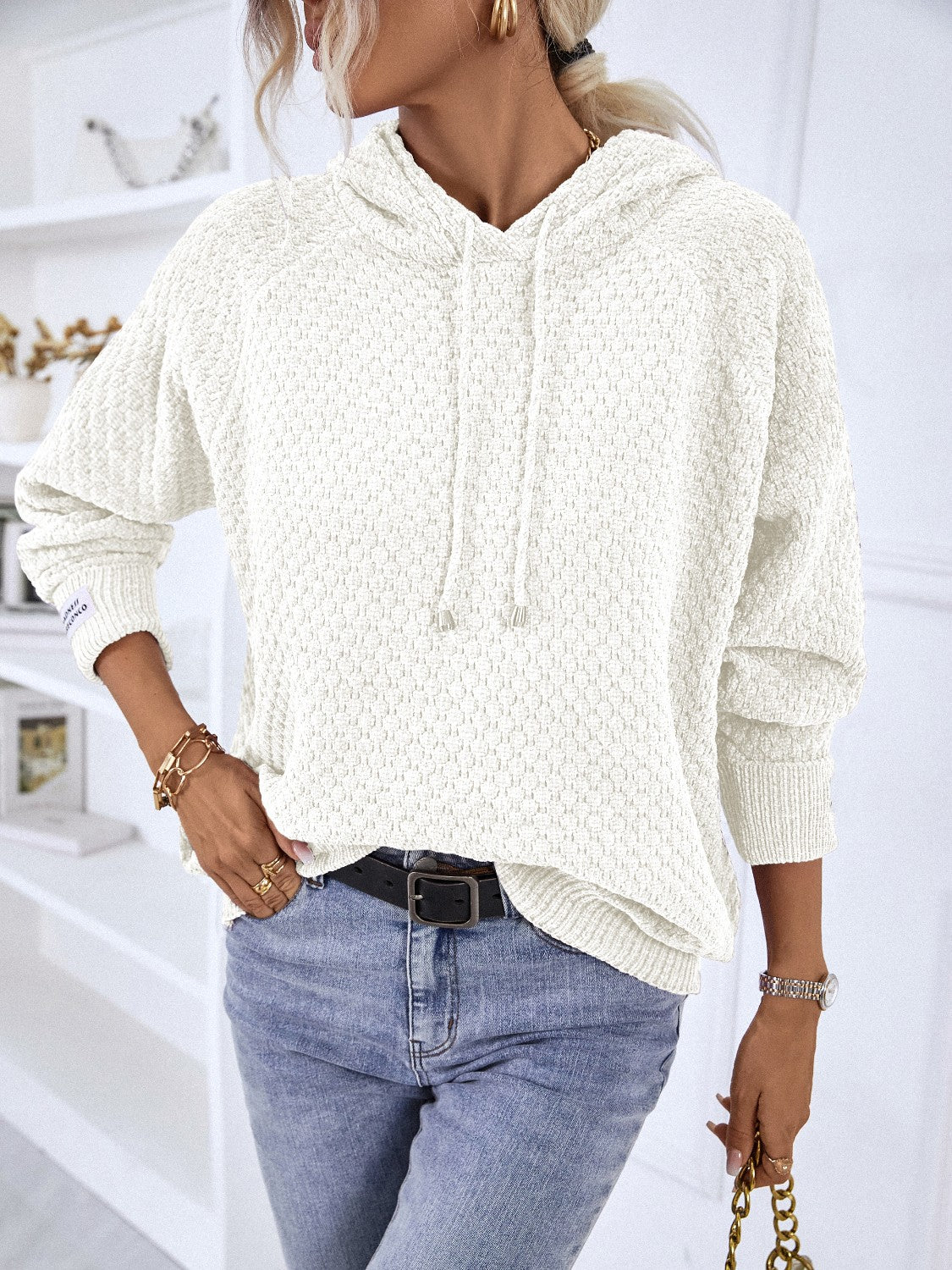 Buy white Texture Drawstring Long Sleeve Hooded Sweater