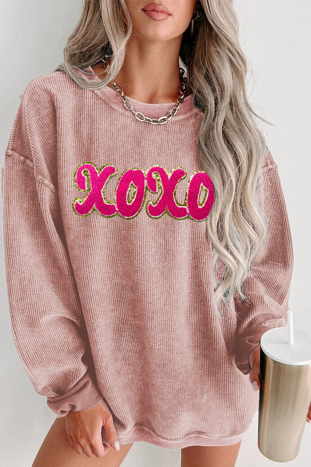 Buy dusty-pink XOXO Sequin Round Neck Dropped Shoulder Sweatshirt