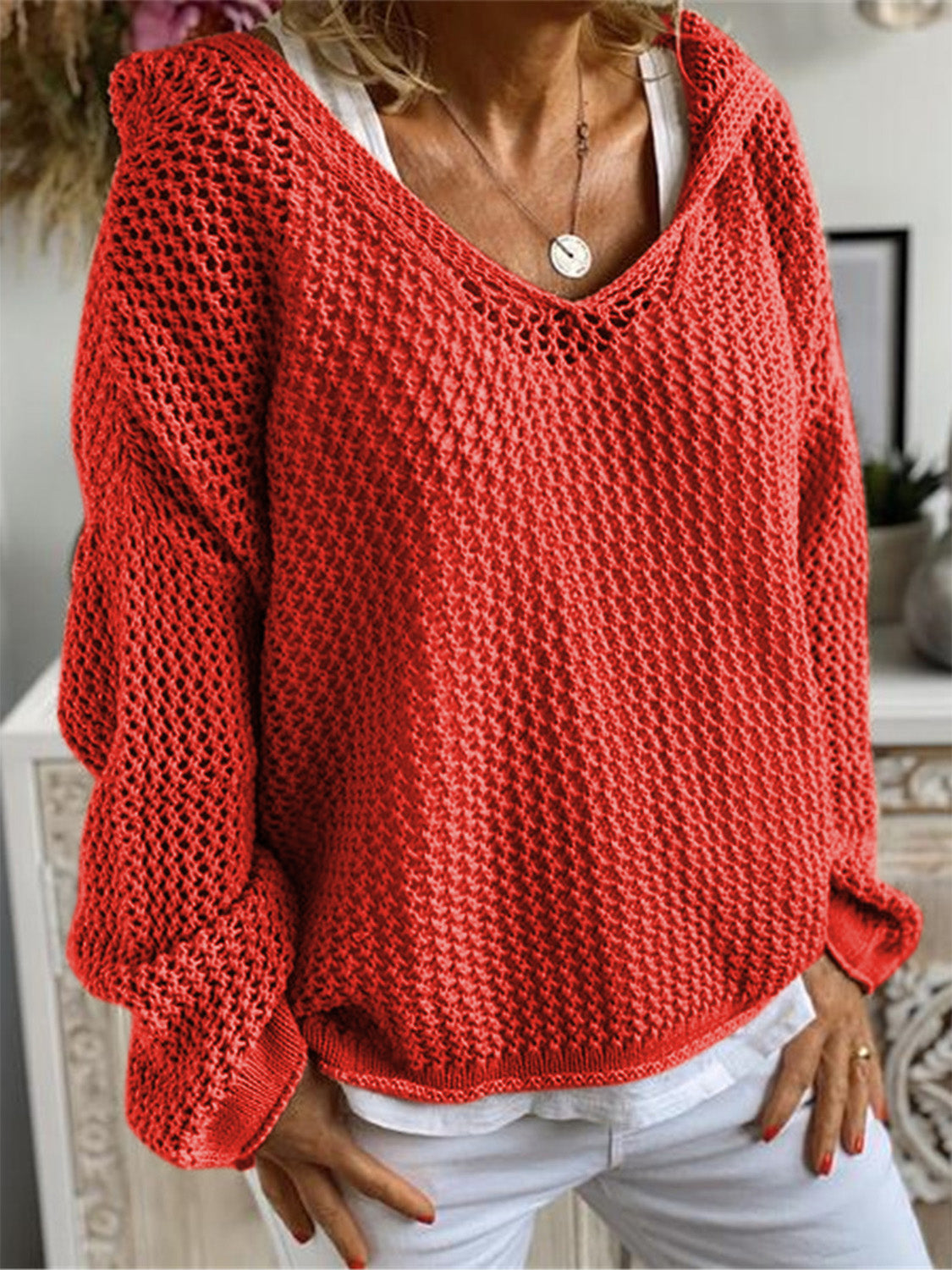 Buy red Openwork Hooded Long Sleeve Sweater