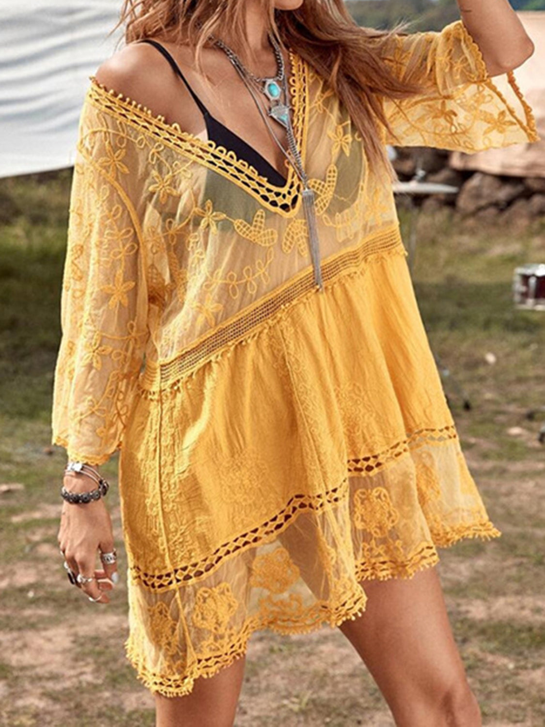 Buy gold Lace Detail Plunge Cover-Up Dress