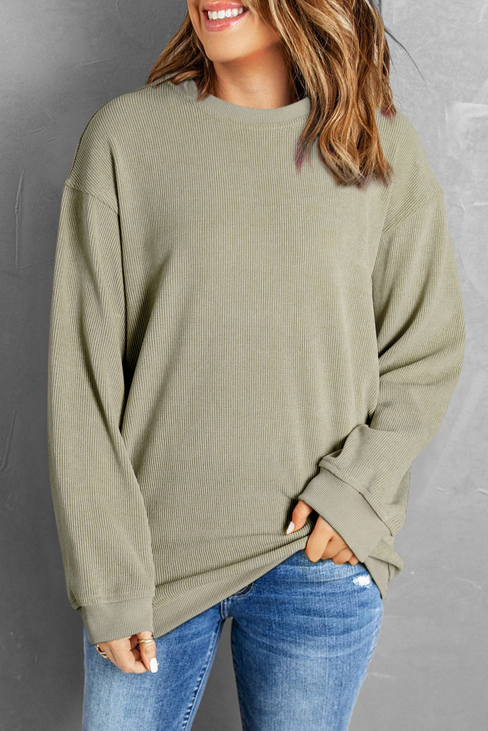 Buy sage Round Neck Dropped Shoulder Sweatshirt