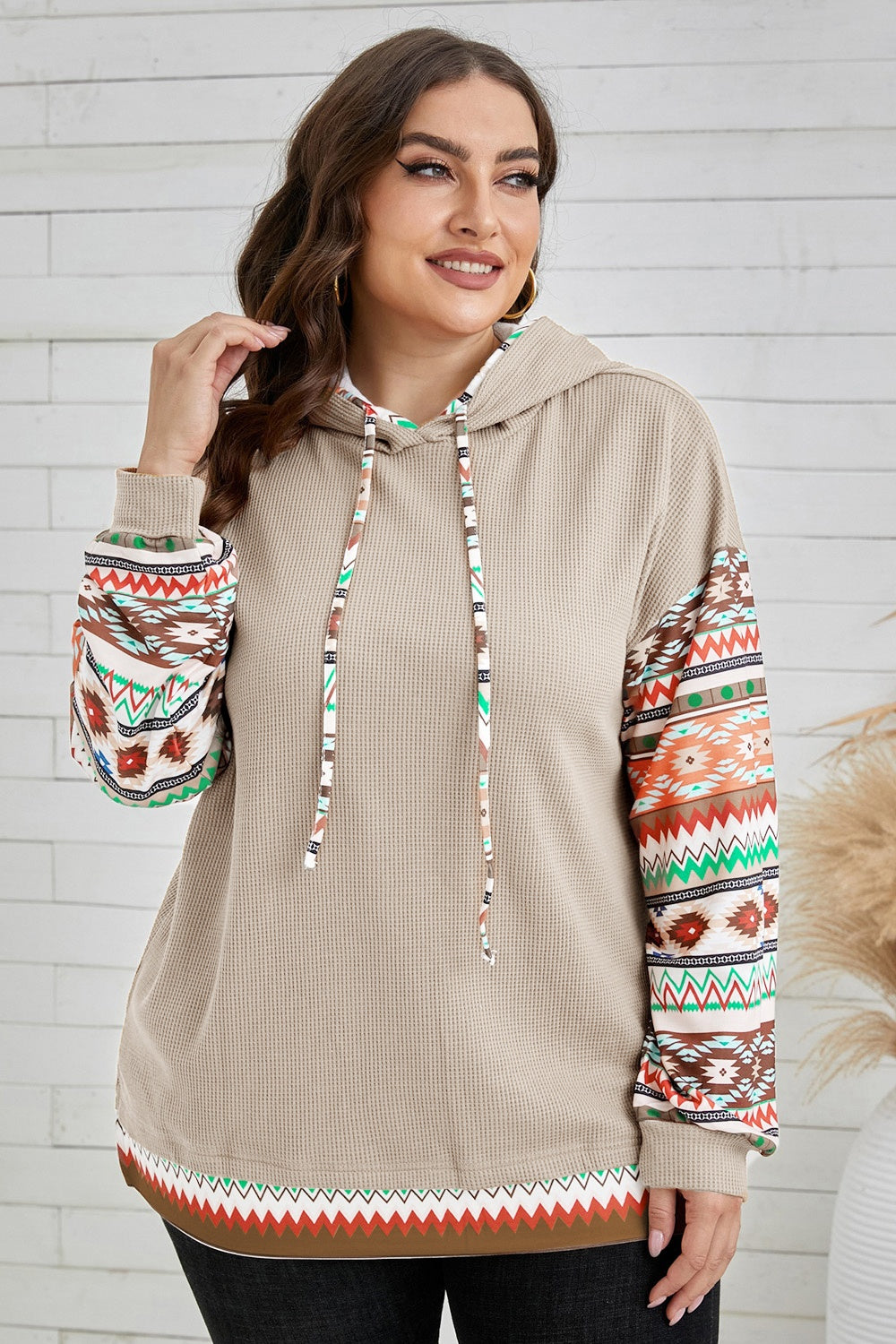 Buy tan Plus Size Waffle-Knit Geometric Dropped Shoulder Hoodie