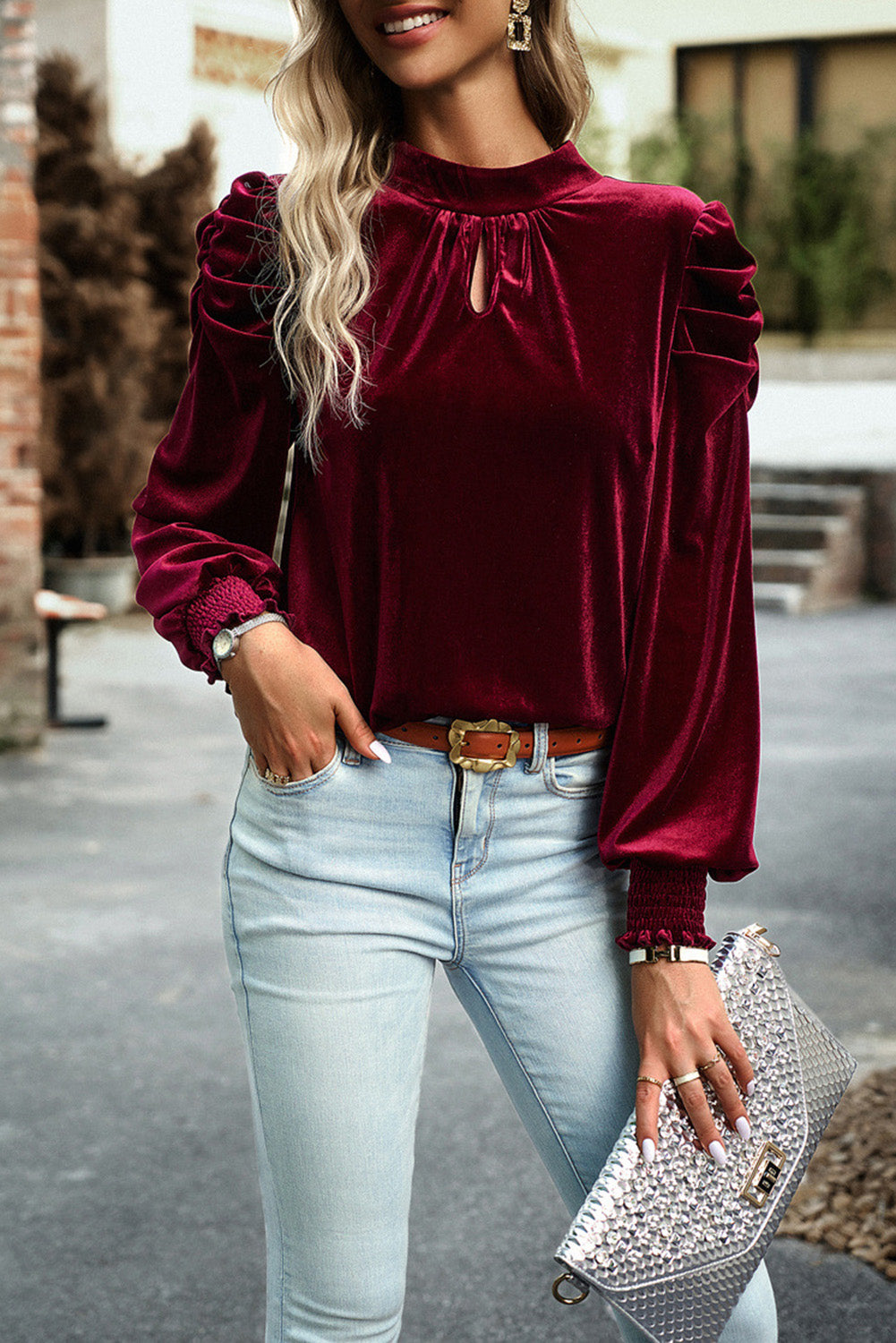 Buy burgundy Tie Up Mock Neck Velvet Fabric Long Sleeve Blouse