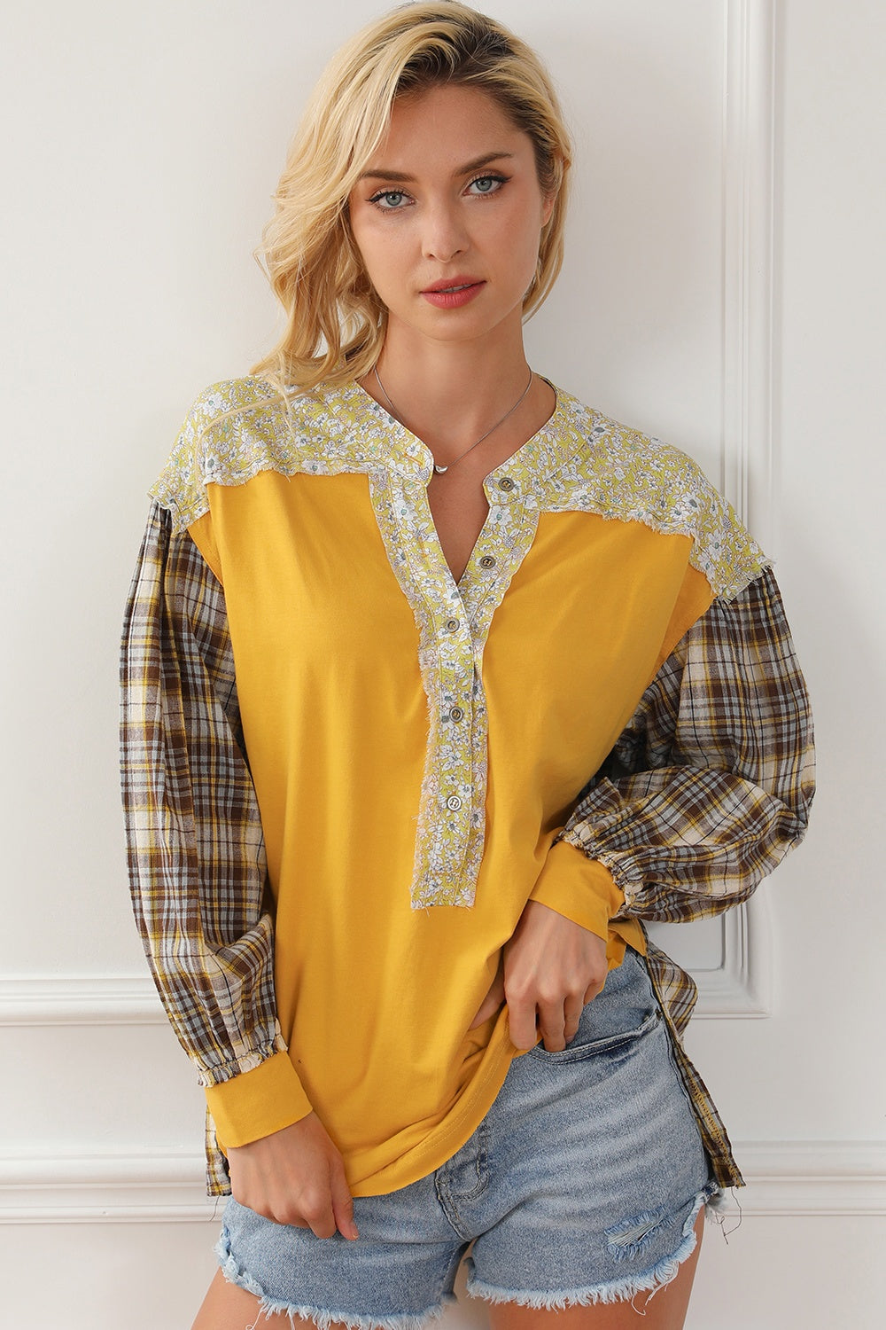 Buy yellow Plaid Notched Neck Slit Blouse