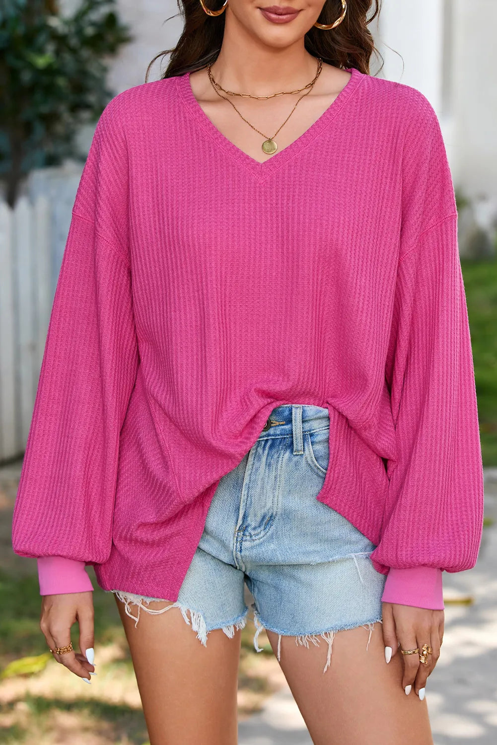 Buy fuchsia-pink Waffle-Knit V-Neck Long Sleeve Top