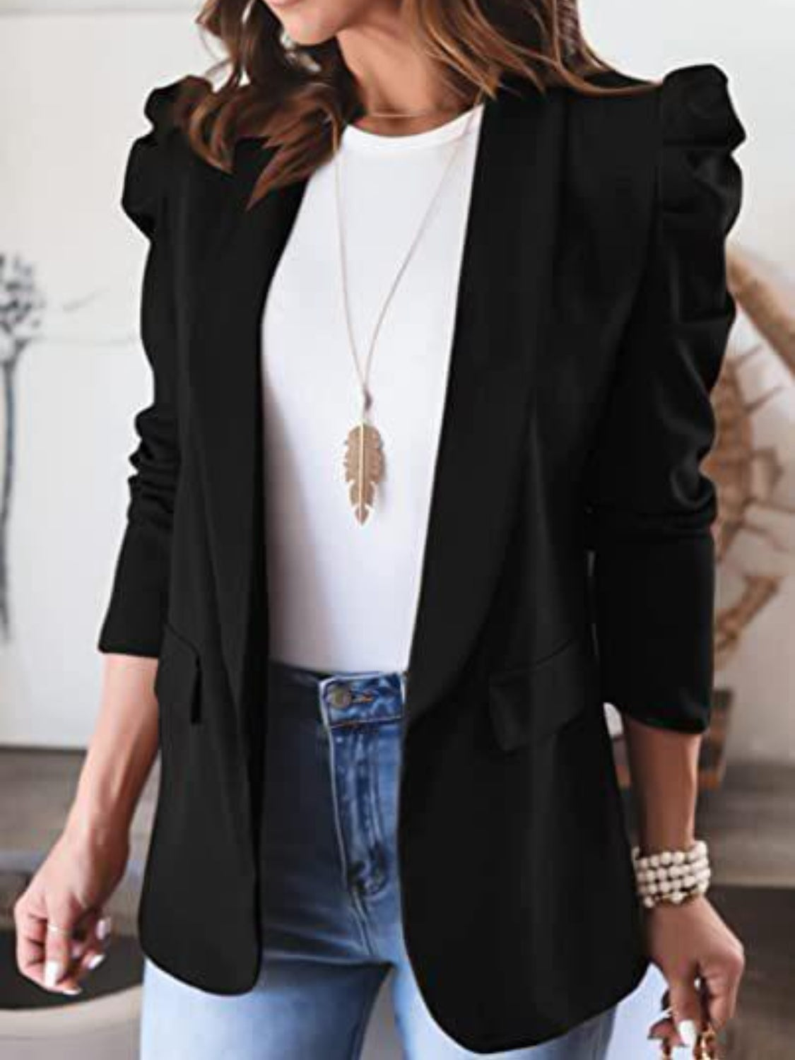 Buy black Collared Neck Puff Sleeve Blazer