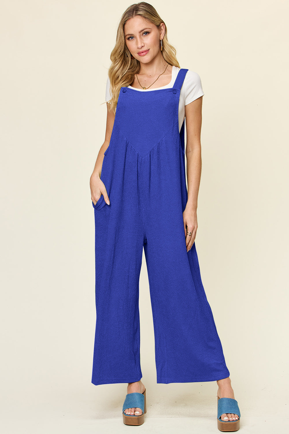 Buy royal-blue Double Take Full Size Texture Sleeveless Wide Leg Overall