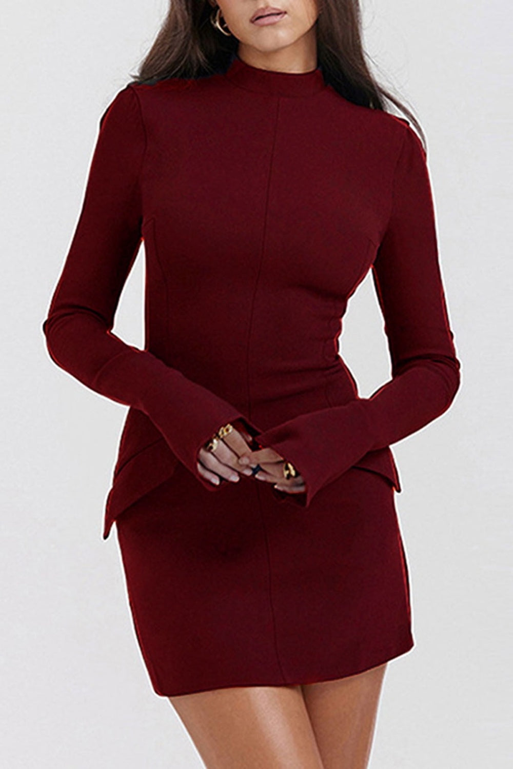 Buy burgundy Mock Neck Long Sleeve Mini Dress