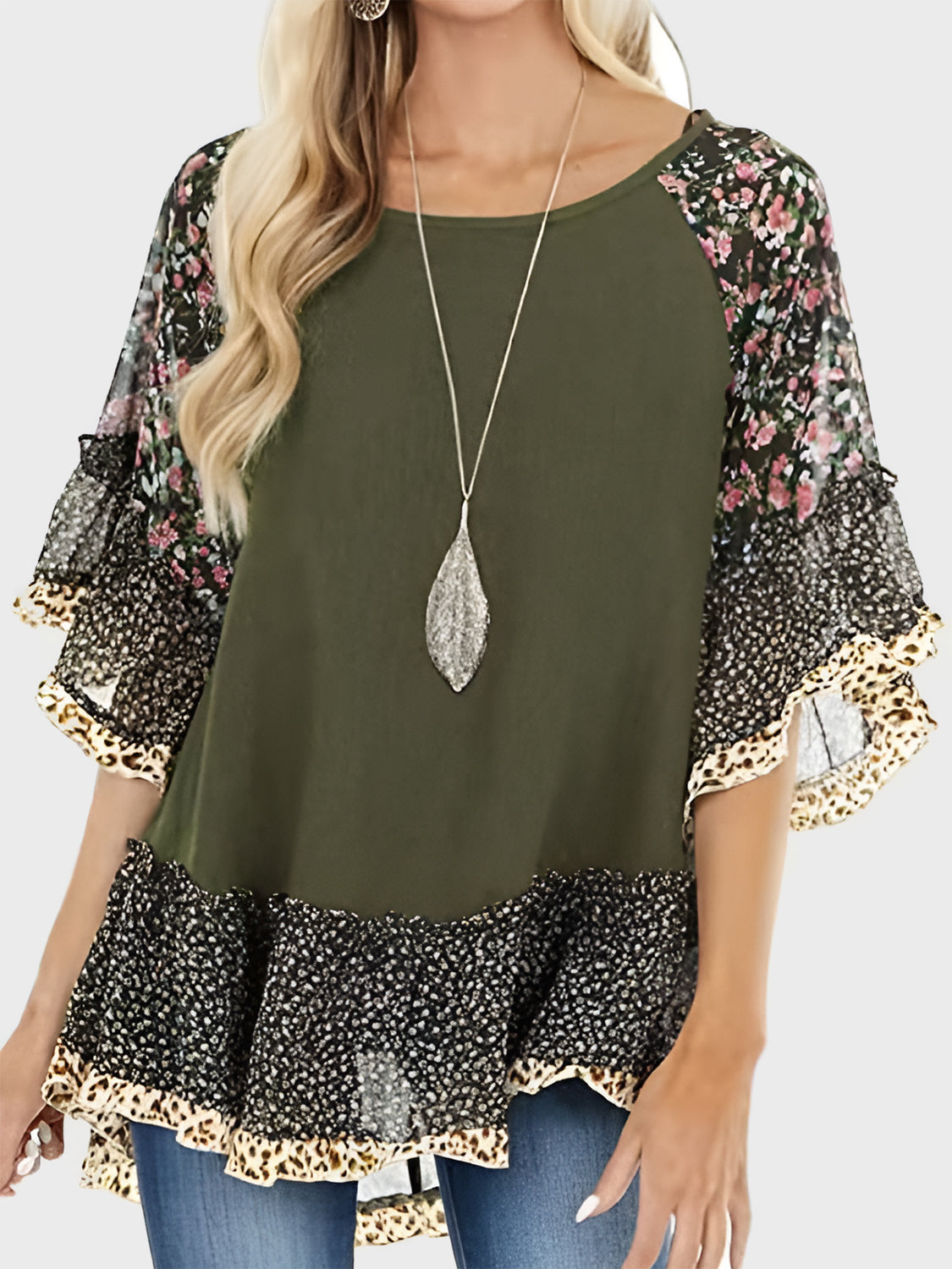 Buy army-green Full Size Frill Printed Round Neck Half Sleeve Blouse