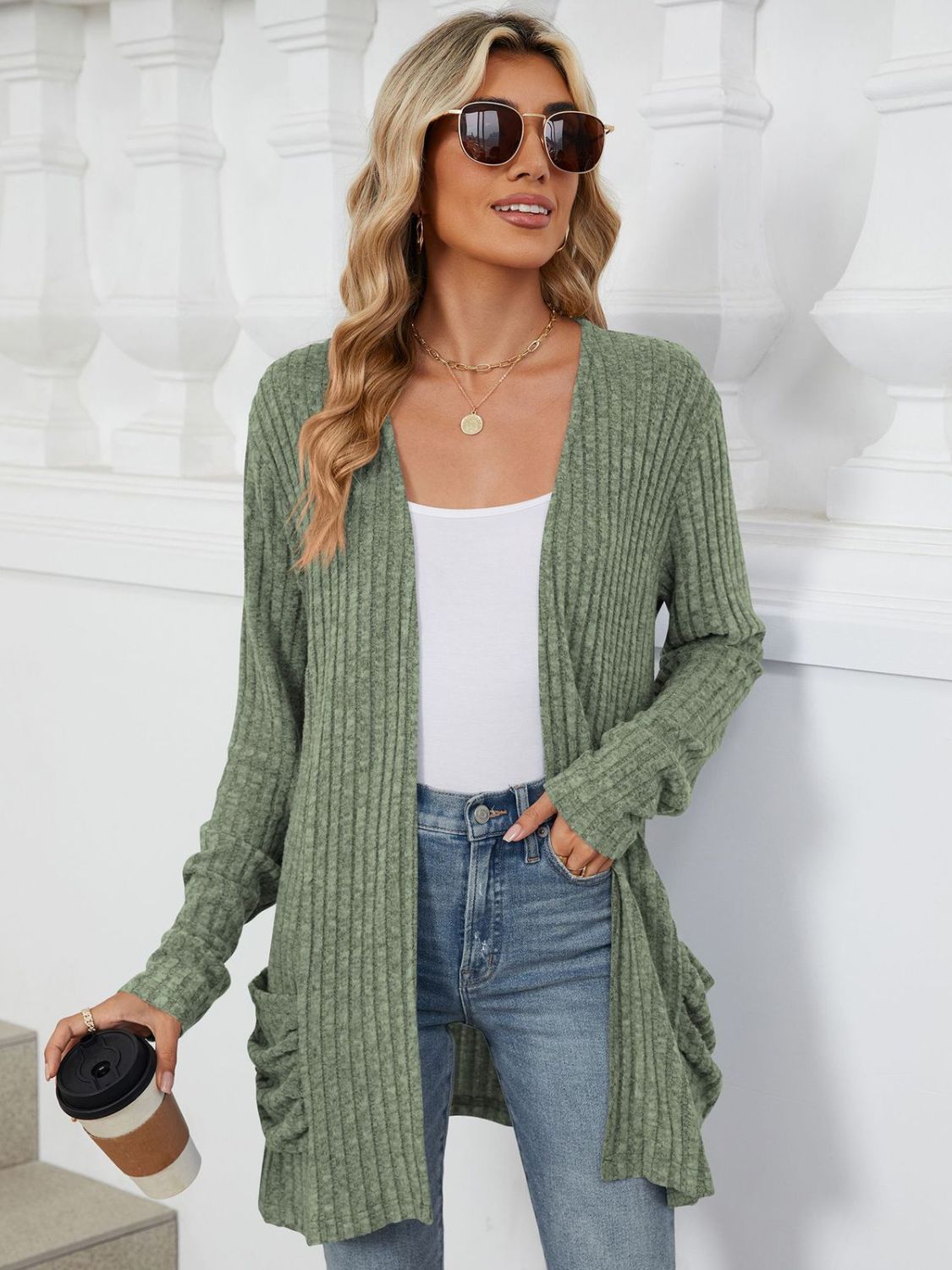 Buy matcha-green Pocketed Open Front Long Sleeve Cardigan