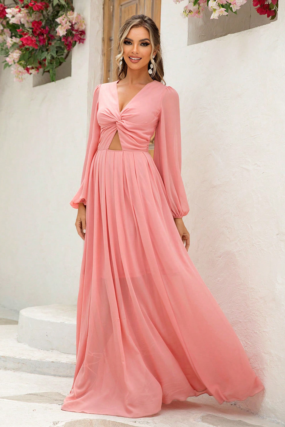 Buy coral Twist Front Cutout Long Sleeve Dress