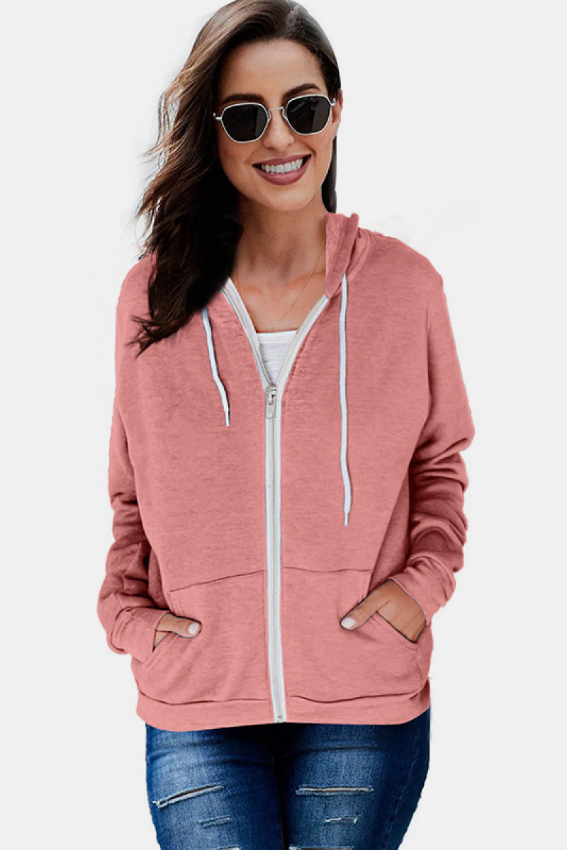 Buy pink Solid Pocket Zipper Hoodie