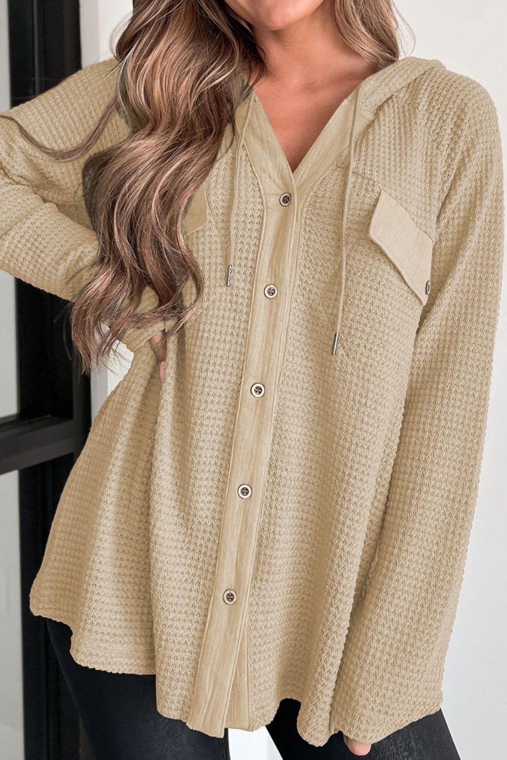 Buy beige Waffle-Knit Button Up Drawstring Hoodie