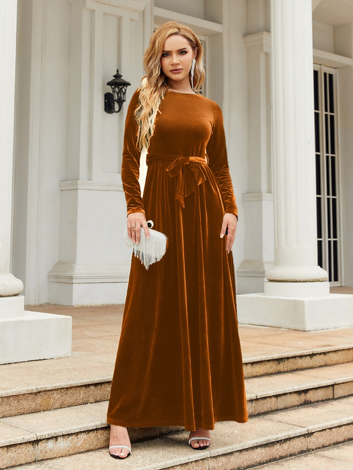 Buy caramel Tie Front Round Neck Long Sleeve Maxi Dress