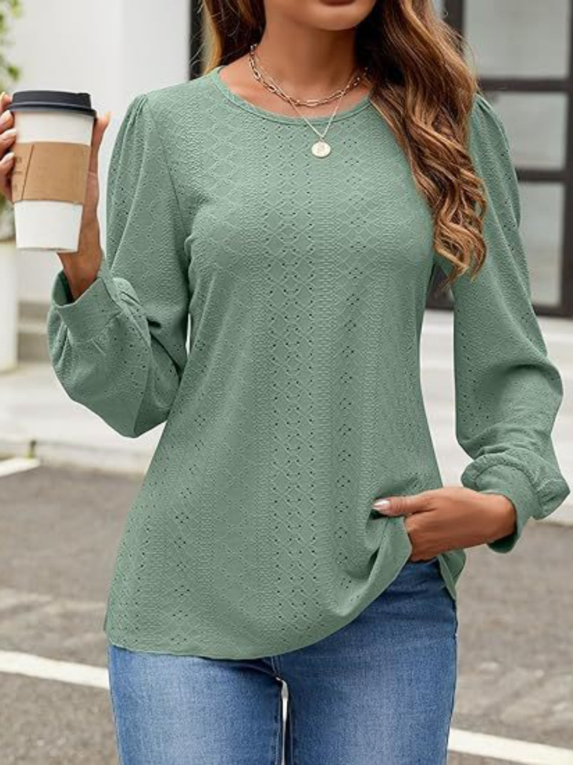 Buy sage Eyelet Round Neck Long Sleeve Top