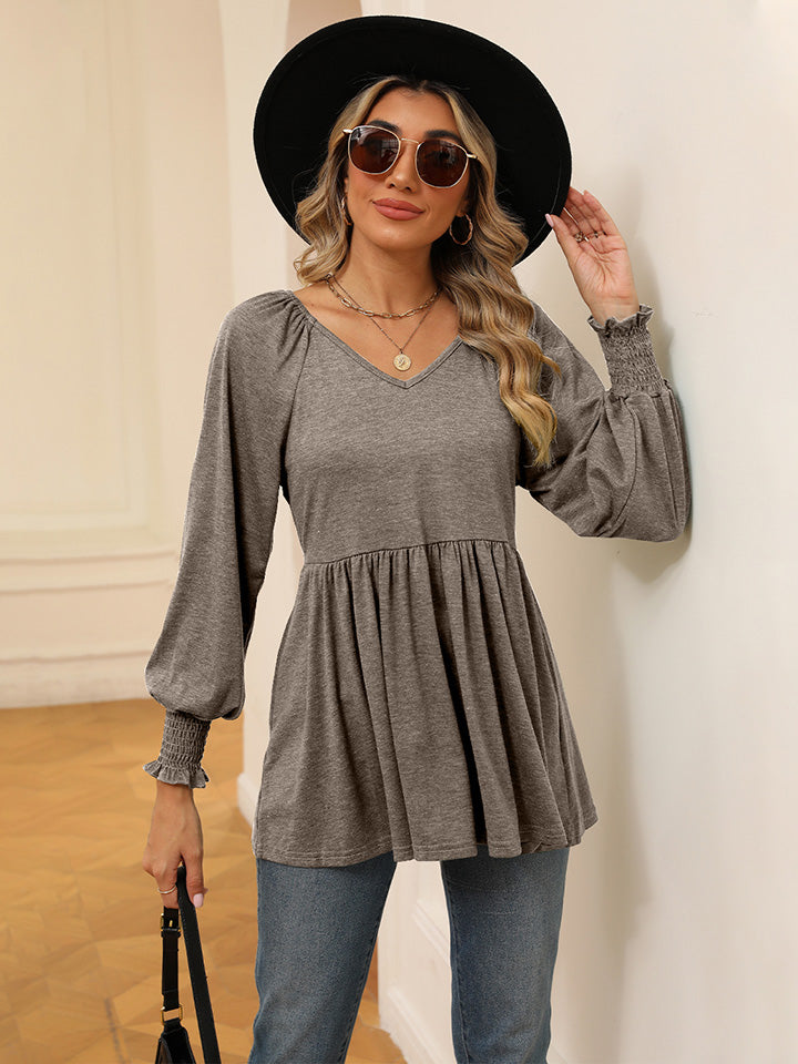 Buy khaki V-Neck Lantern Sleeve Blouse