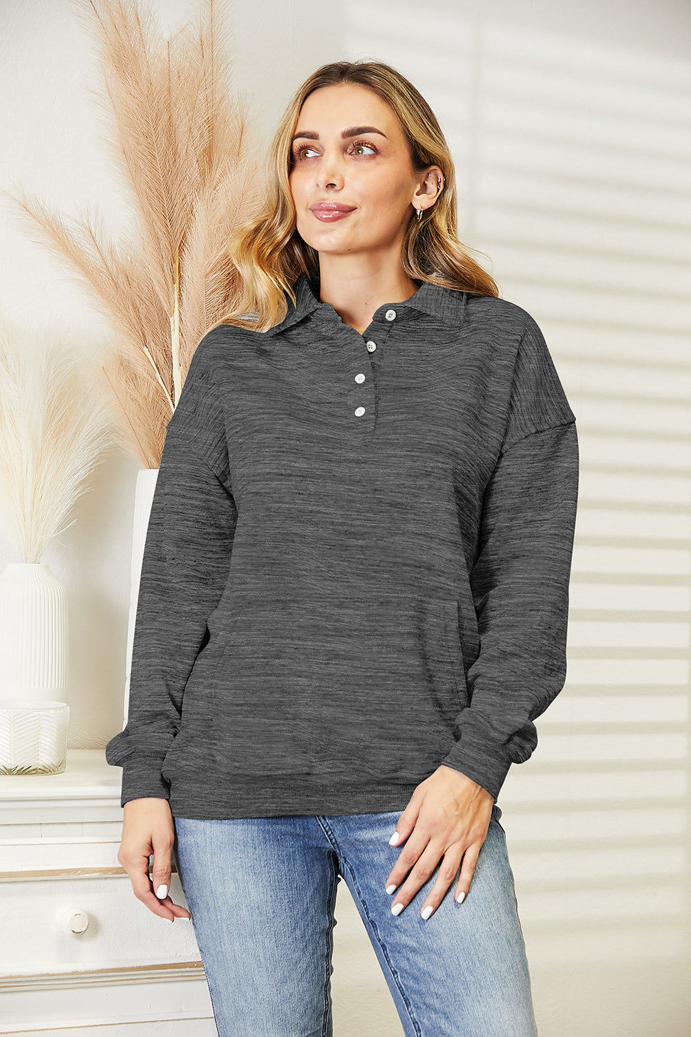 Buy charcoal Ninexis Full Size Quarter-Button Collared Sweatshirt