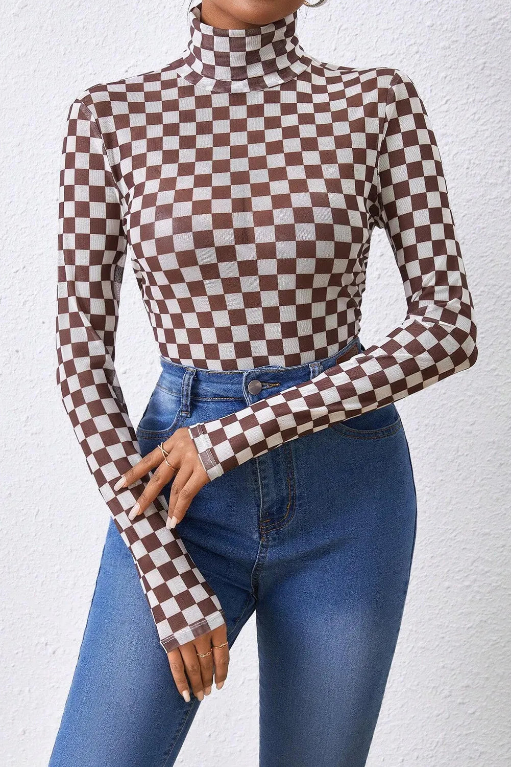 Buy dark-brown Checkered Turtleneck Long Sleeve Bodysuit