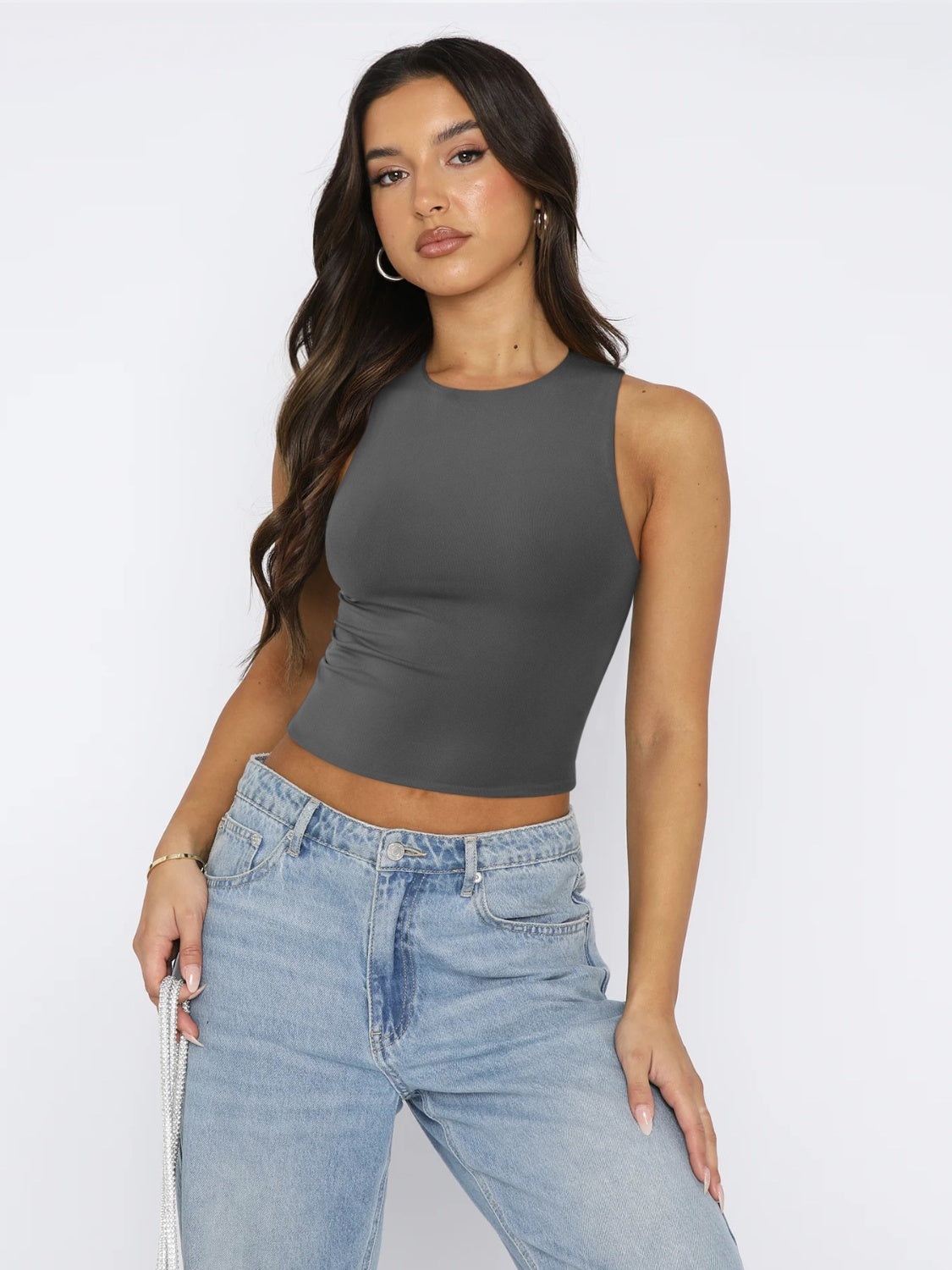 Buy dark-gray Round Neck Cropped Tank