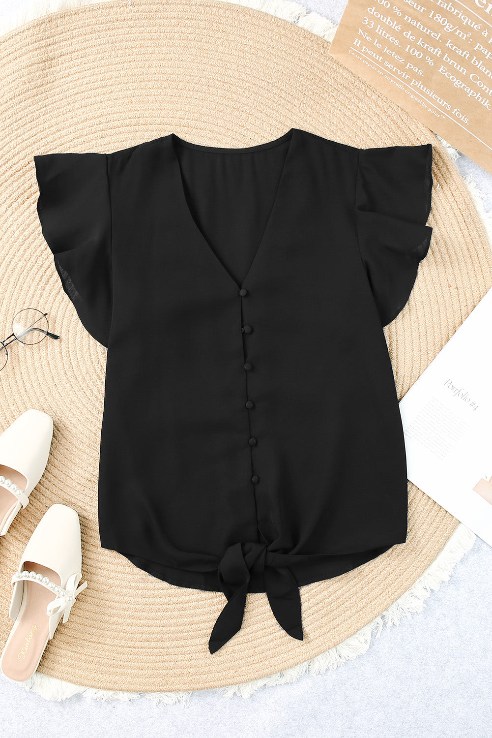 Buy black V-Neck Tie Hem Flutter Sleeve Blouse