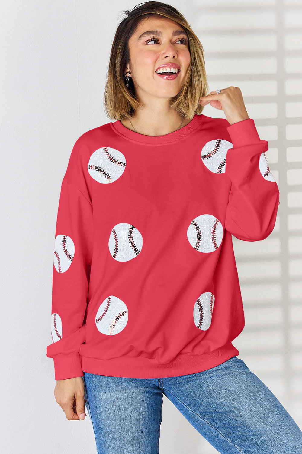 Buy red Sequin Baseball Round Neck Dropped Shoulder Sweatshirt