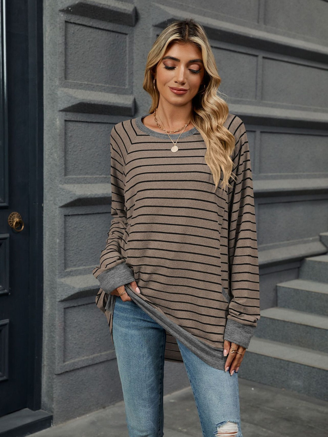 Buy taupe Pocketed Striped Round Neck Long Sleeve T-Shirt