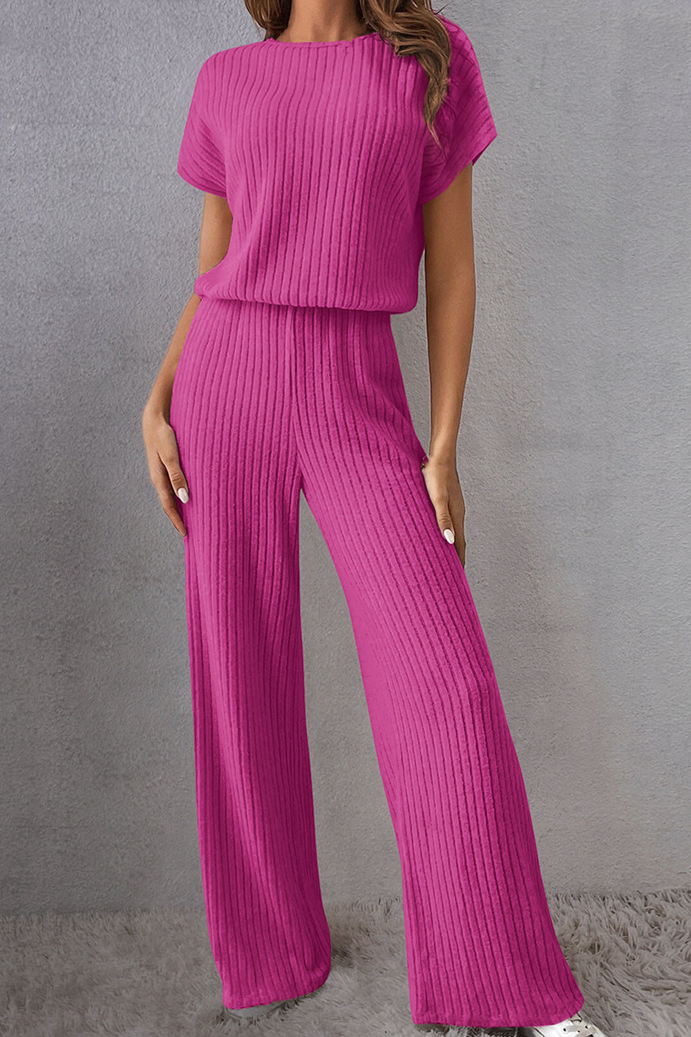 Buy hot-pink Round Neck Short Sleeve Jumpsuit