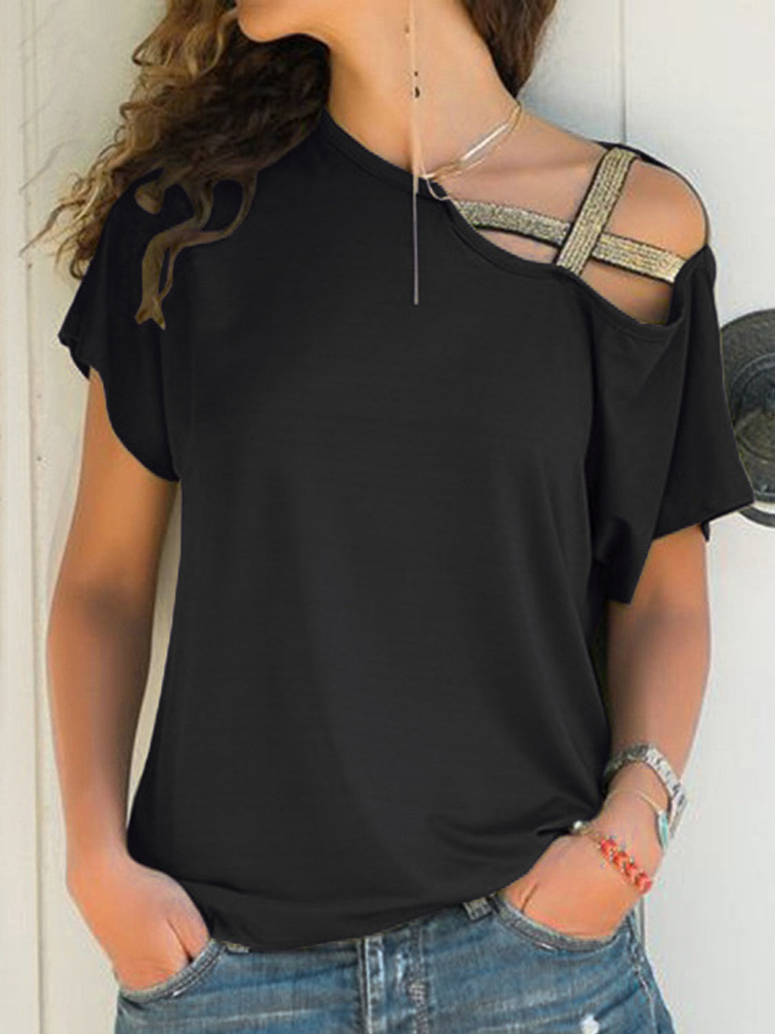 Buy black Asymmetrical Neck Short Sleeve T-Shirt