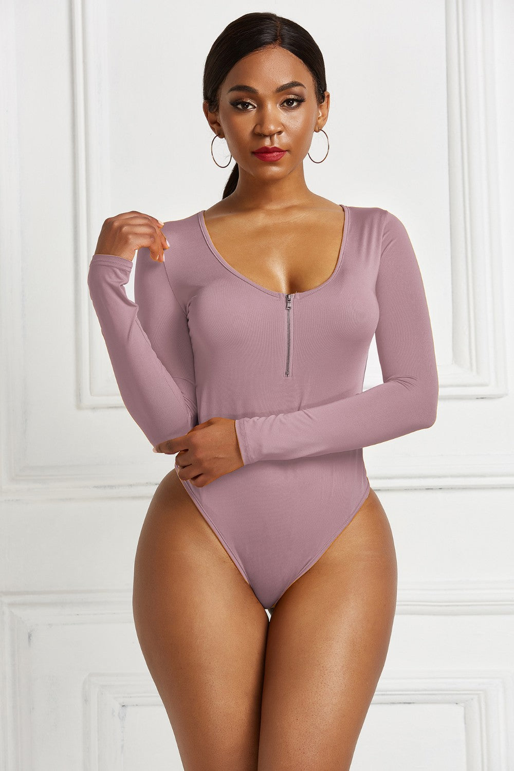 Buy dusty-pink Half Zip Scoop Neck Long Sleeve Bodysuit