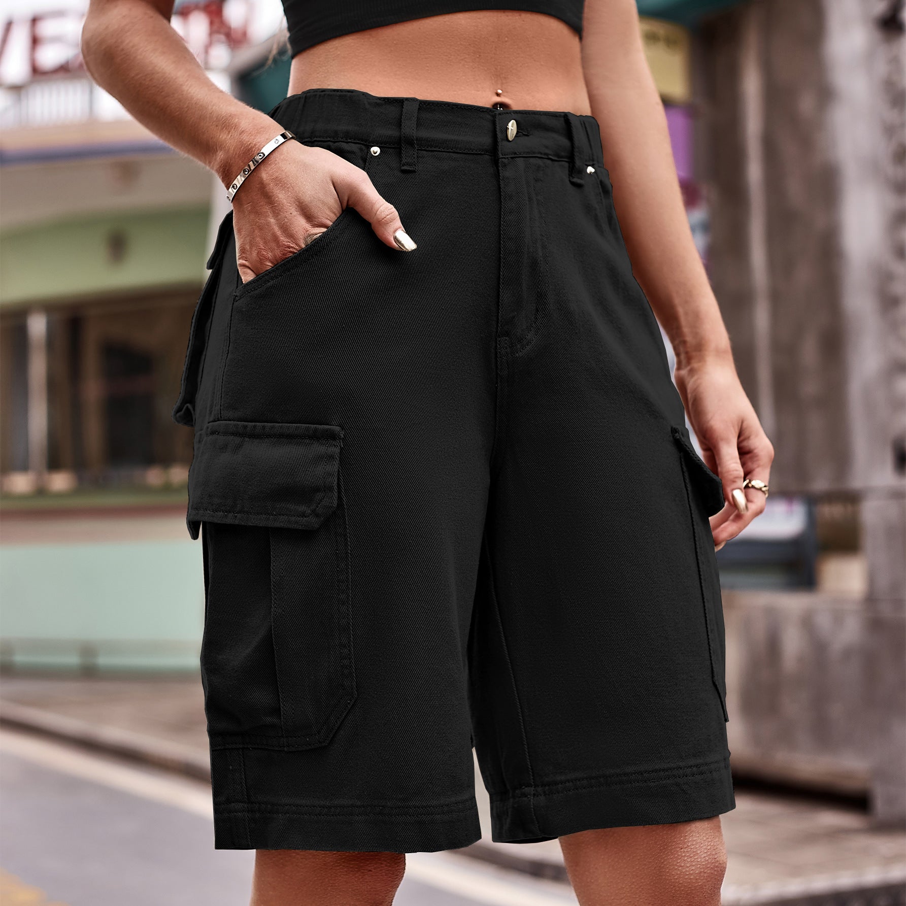 Buy black Denim Cargo Shorts with Pockets