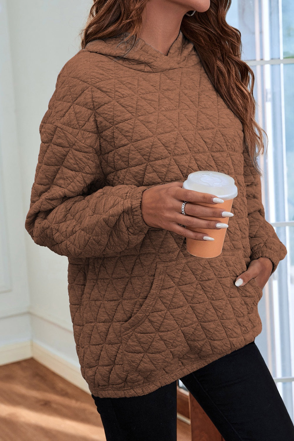 Buy brown Quilted Long Sleeve Hoodie with Pocket