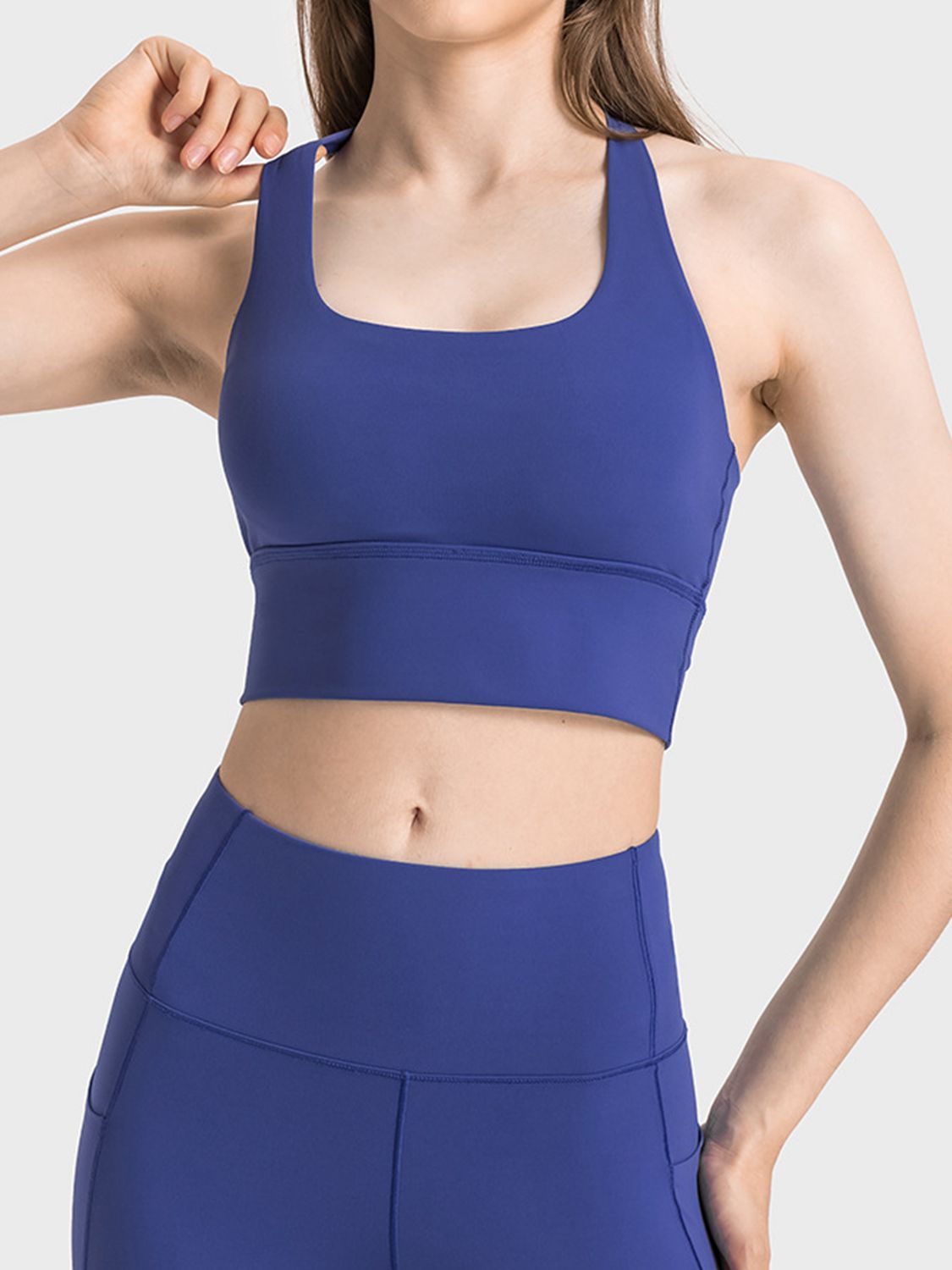 Buy dark-blue Millennia Scoop Neck Crisscross Straps Sports Bra