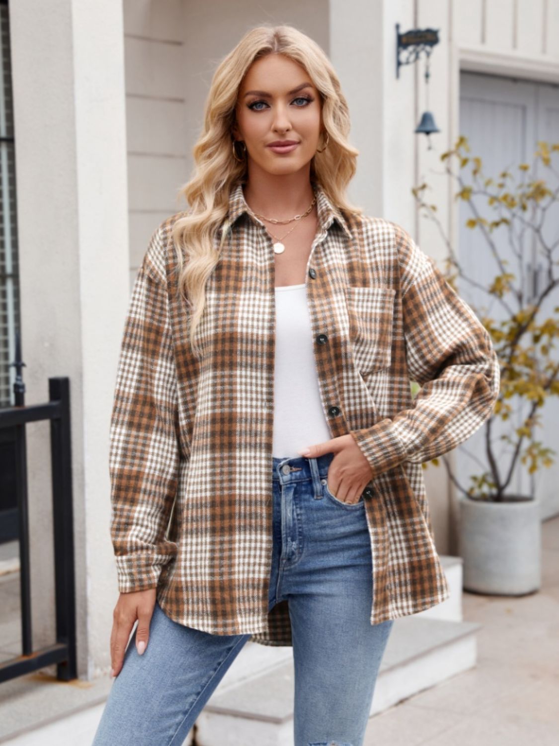 Buy caramel Mandy Pocketed Plaid Collared Neck Long Sleeve Shirt