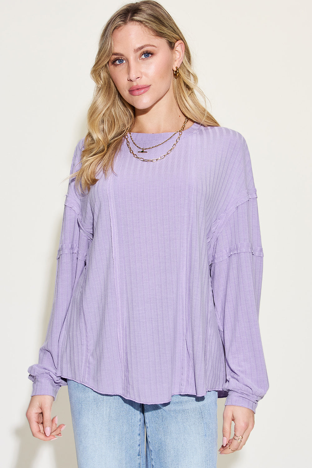 Buy lavender Basic Bae Full Size Ribbed Round Neck Long Sleeve T-Shirt