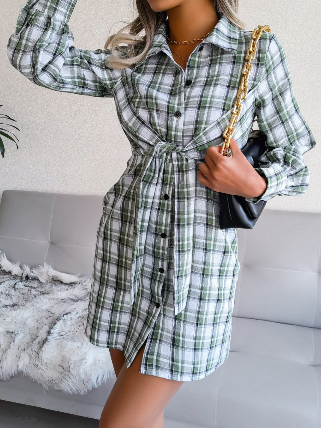 Buy green Tied Plaid Long Sleeve Mini Shirt Dress