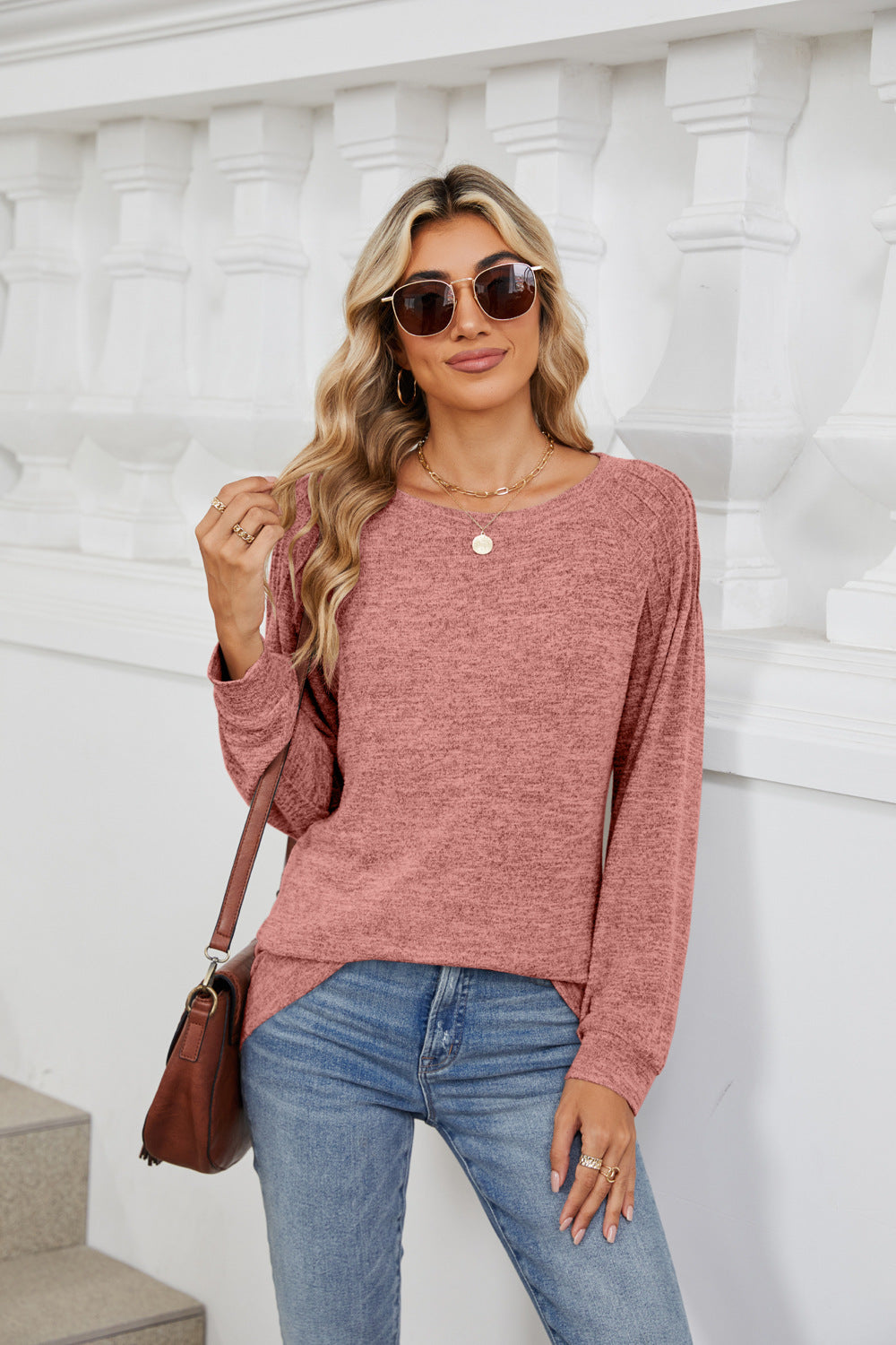 Buy burnt-coral Round Neck Long Sleeve T-Shirt