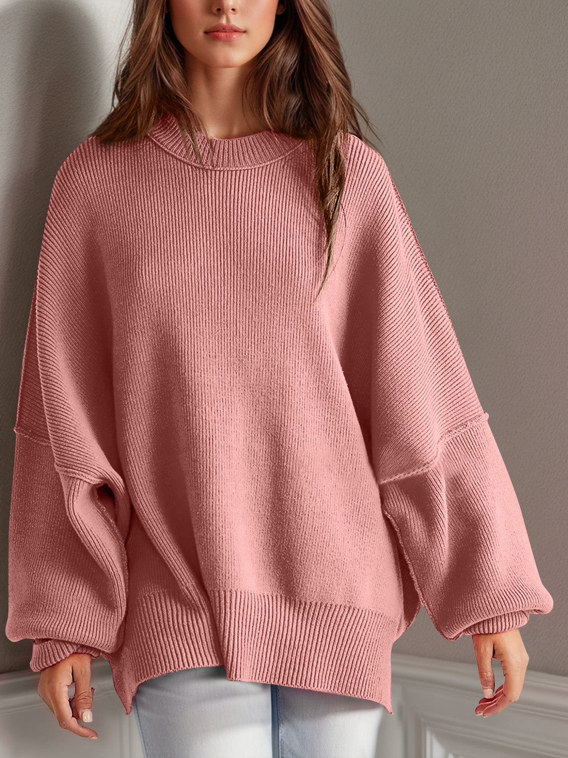 Buy dusty-pink Double Take Side Slit Round Neck Long Sleeve Sweater