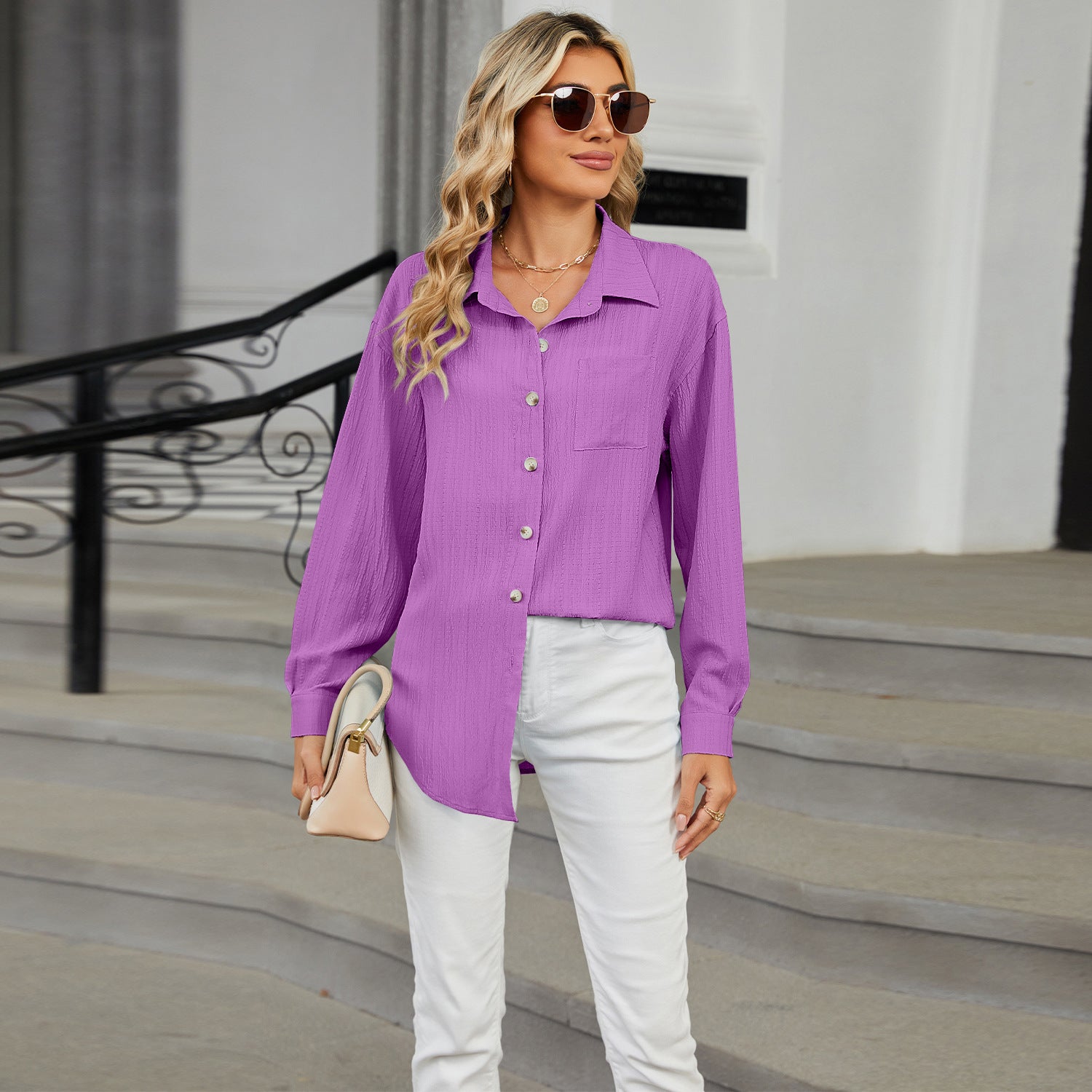 Buy lavender Collared Neck Long Sleeve Shirt