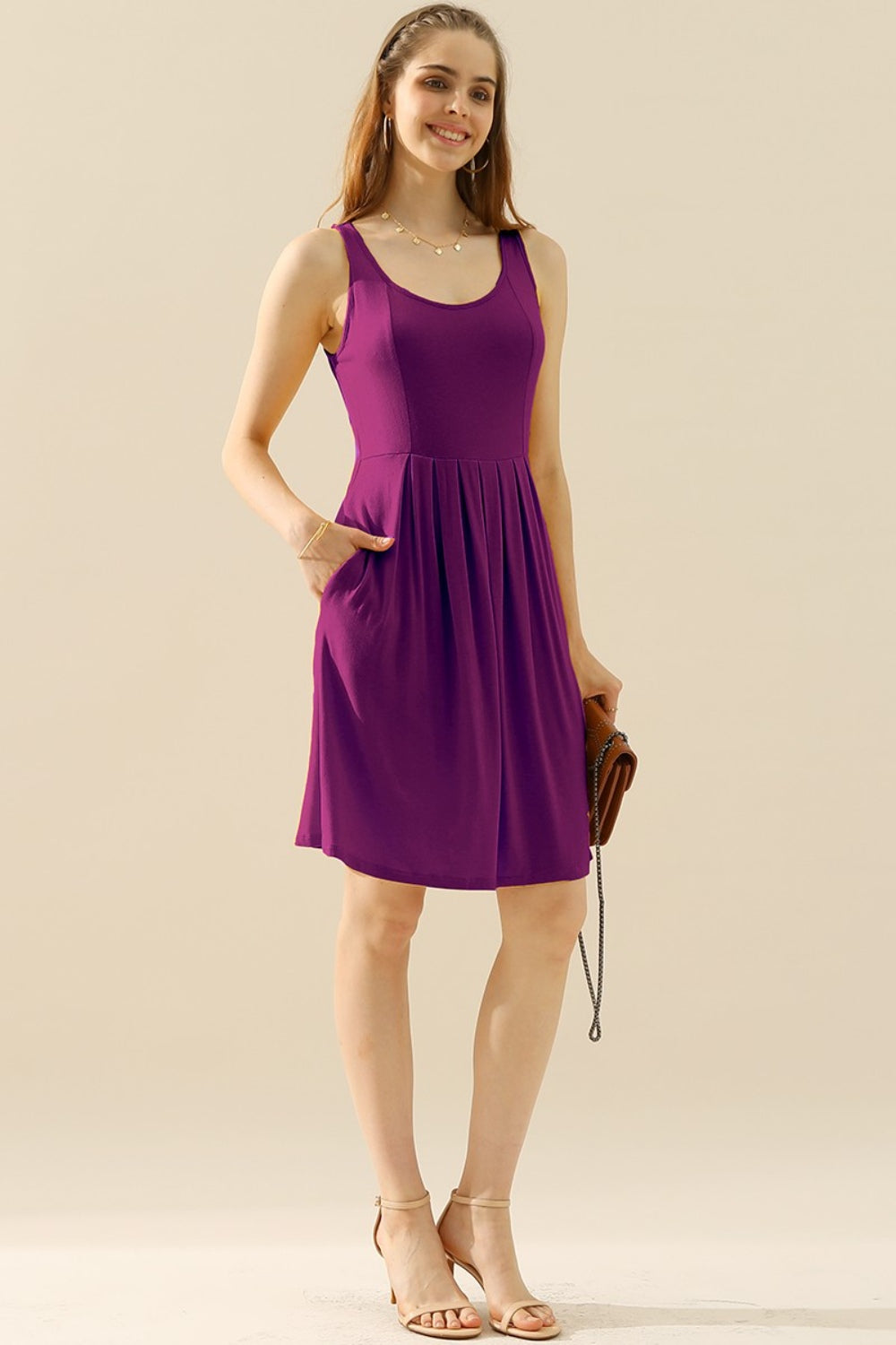 Buy plum Doublju Full Size Round Neck Ruched Sleeveless Dress with Pockets