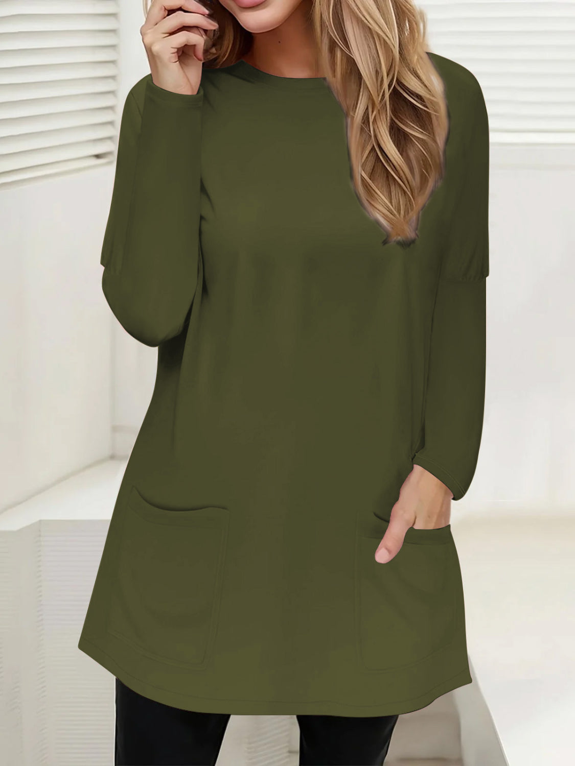 Buy army-green Full Size Pocketed Round Neck Long Sleeve T-Shirt