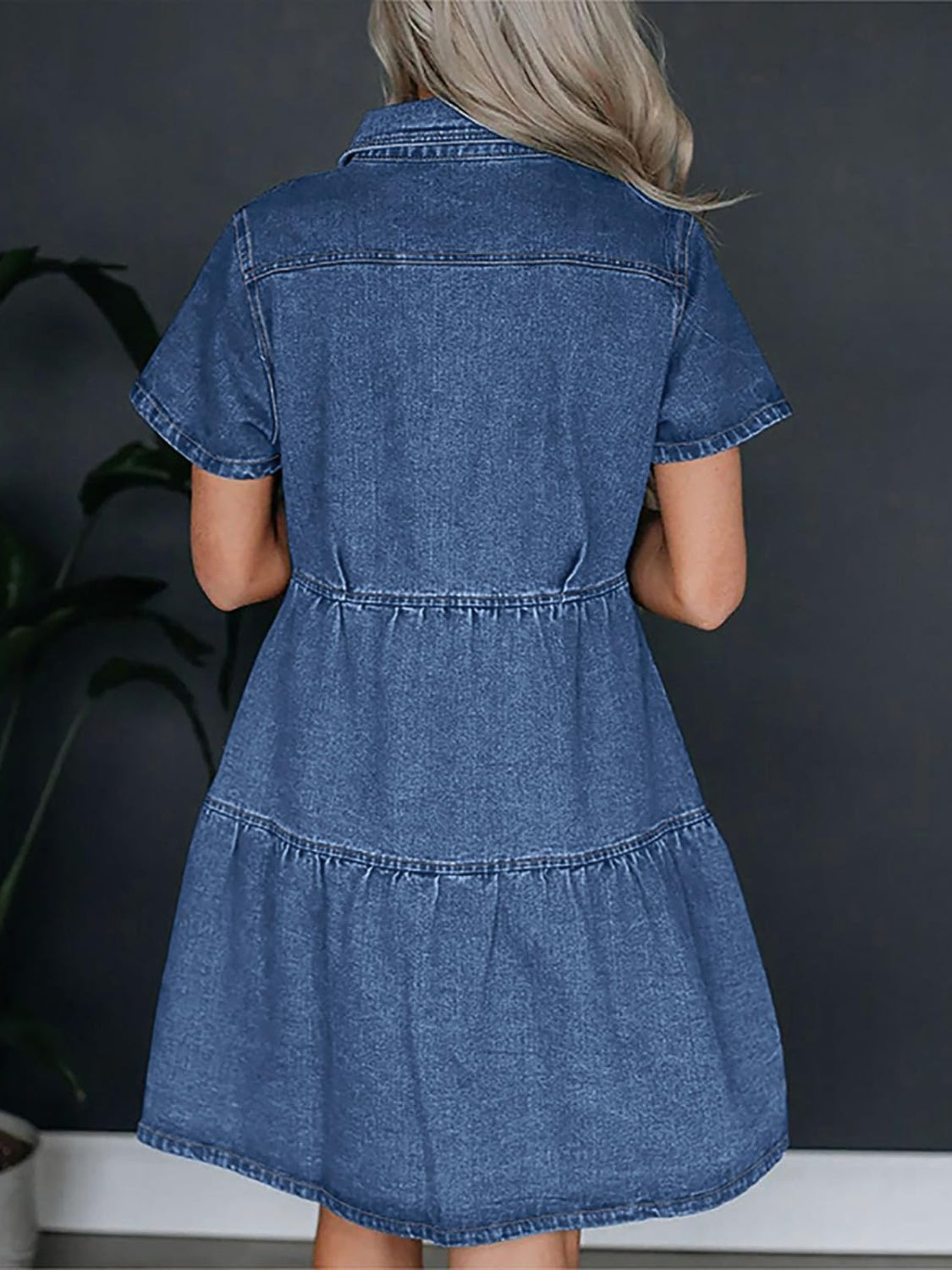 Buy dusty-blue Pocketed Button Up Collared Neck Short Sleeve Denim Dress