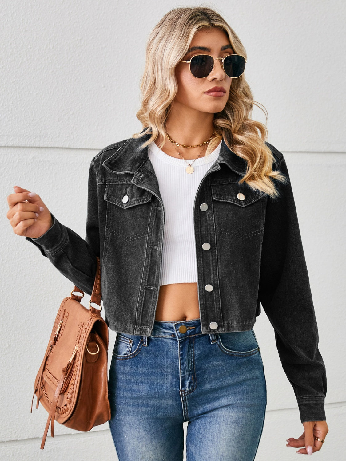 Buy black Button Up Long Sleeve Denim Jacket