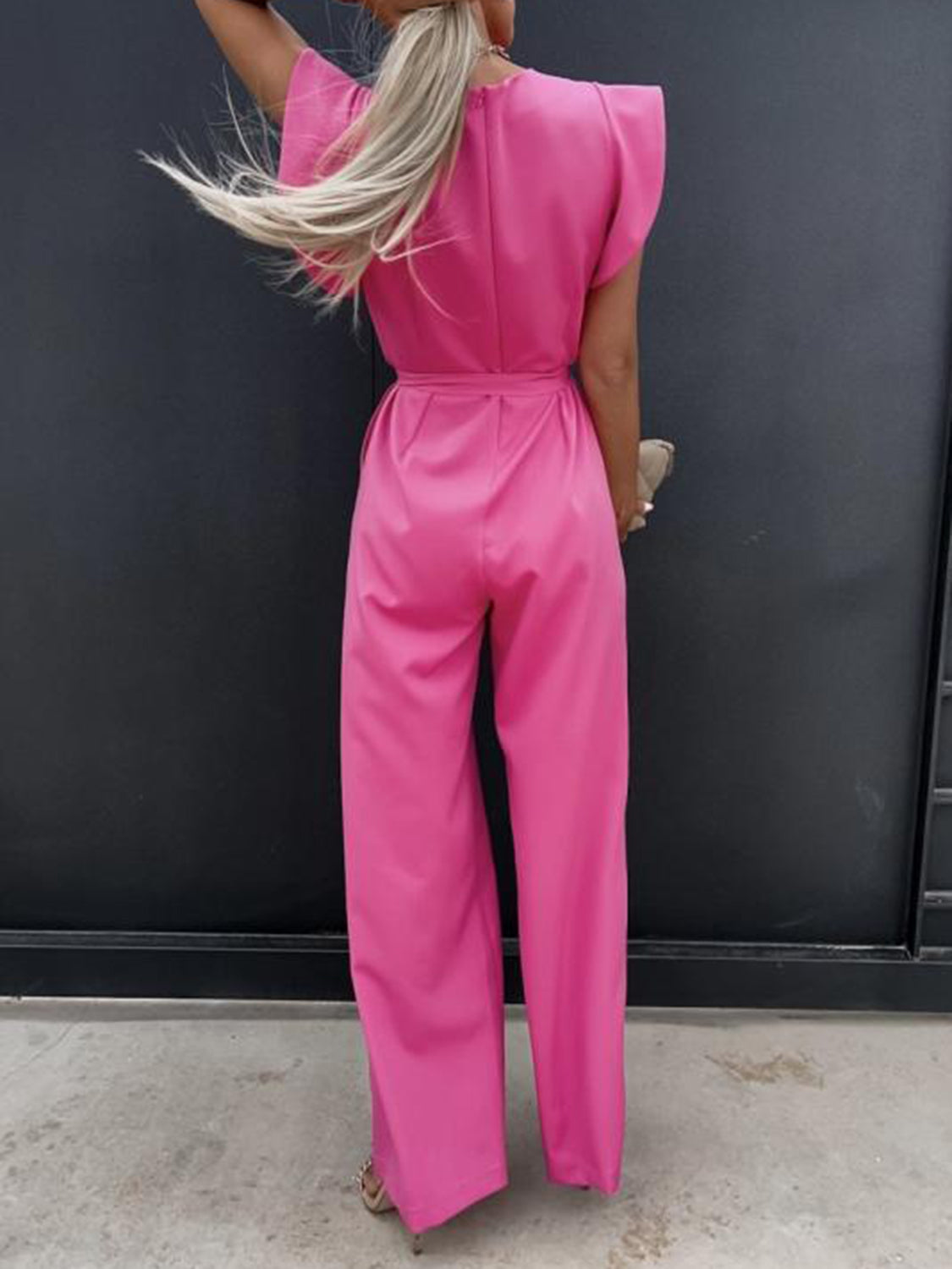 Buy fuchsia-pink Ruffled Round Neck Cap Sleeve Jumpsuit