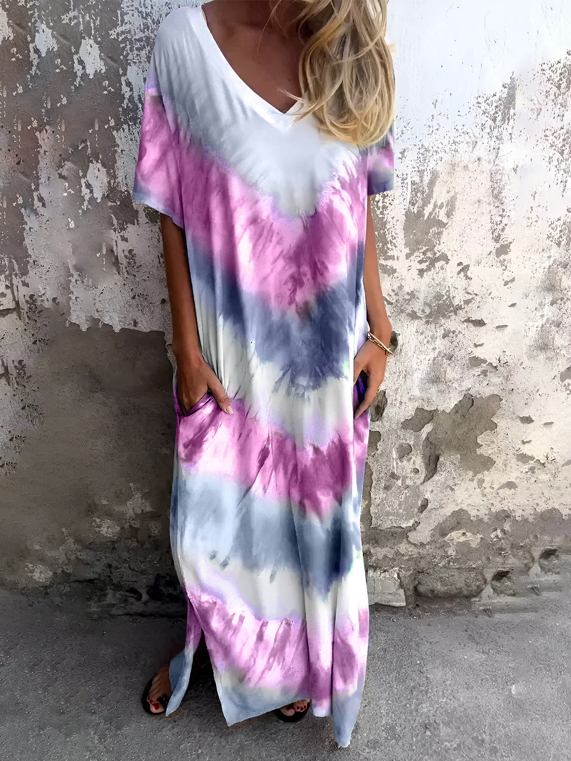 Buy fuchsia-pink Full Size Pocketed Tie-Dye Short Sleeve Dress