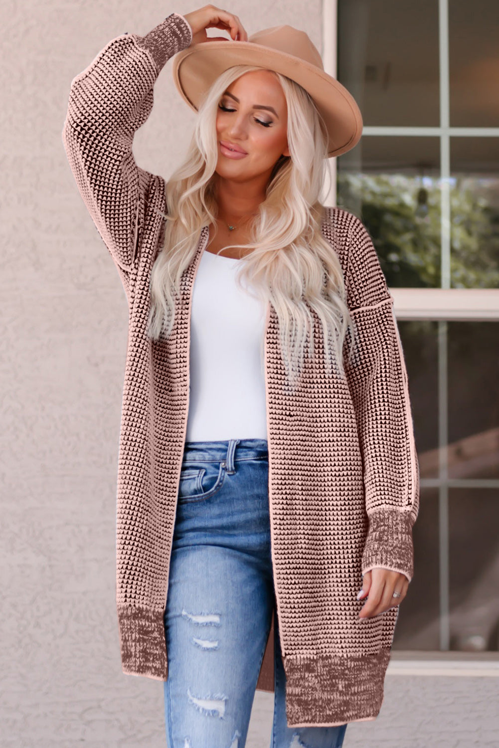 Buy pink Woven Right Heathered Open Front Longline Cardigan