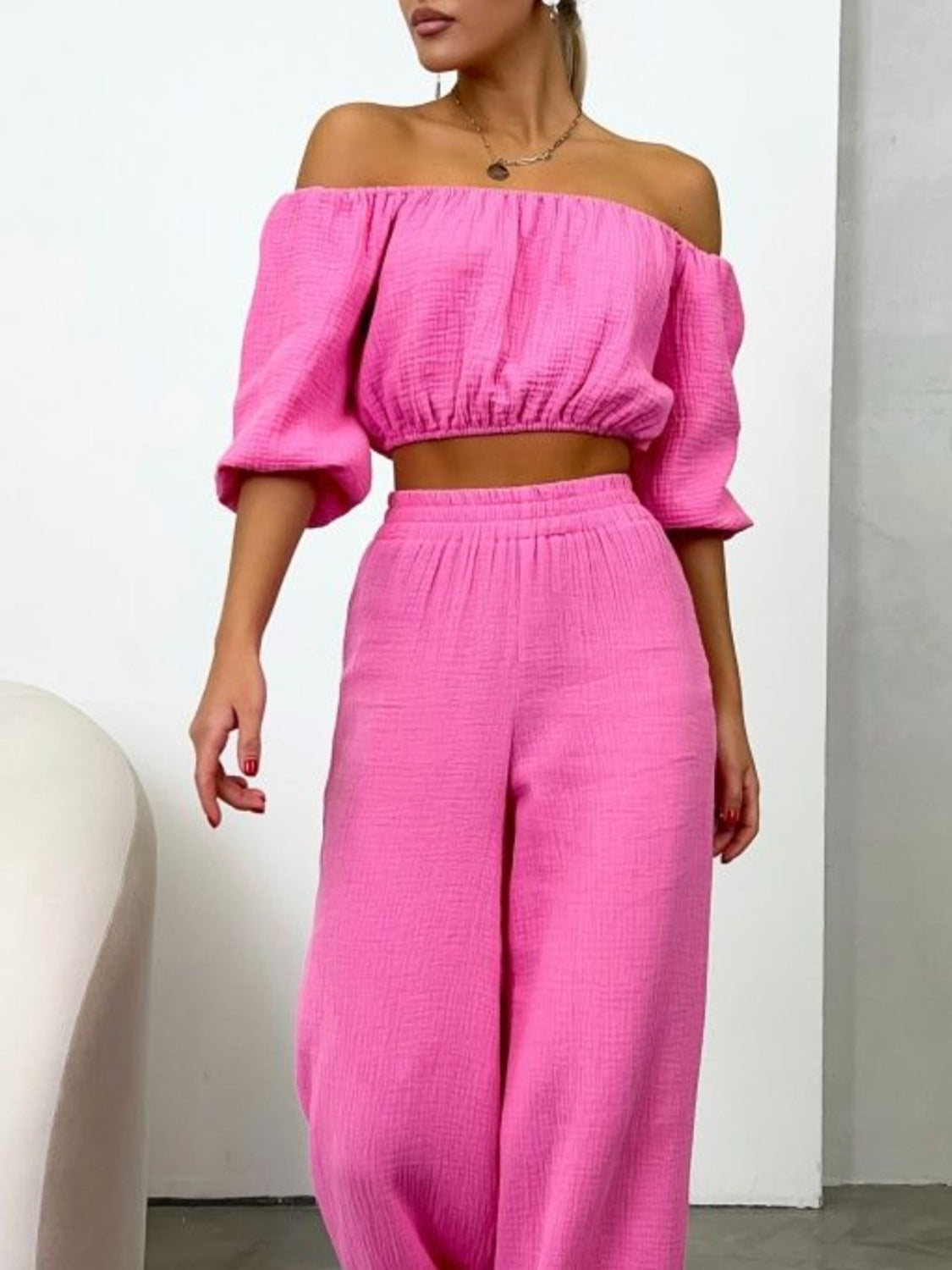 Buy hot-pink Off Shoulder Long Sleeve Top and Pants Set