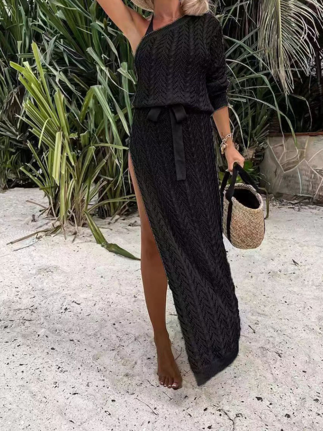 Buy black Slit Openwork Single Shoulder Knit Dress